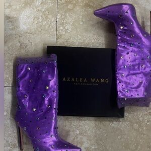 Purple pointy toe stiletto lace rhinestone boots